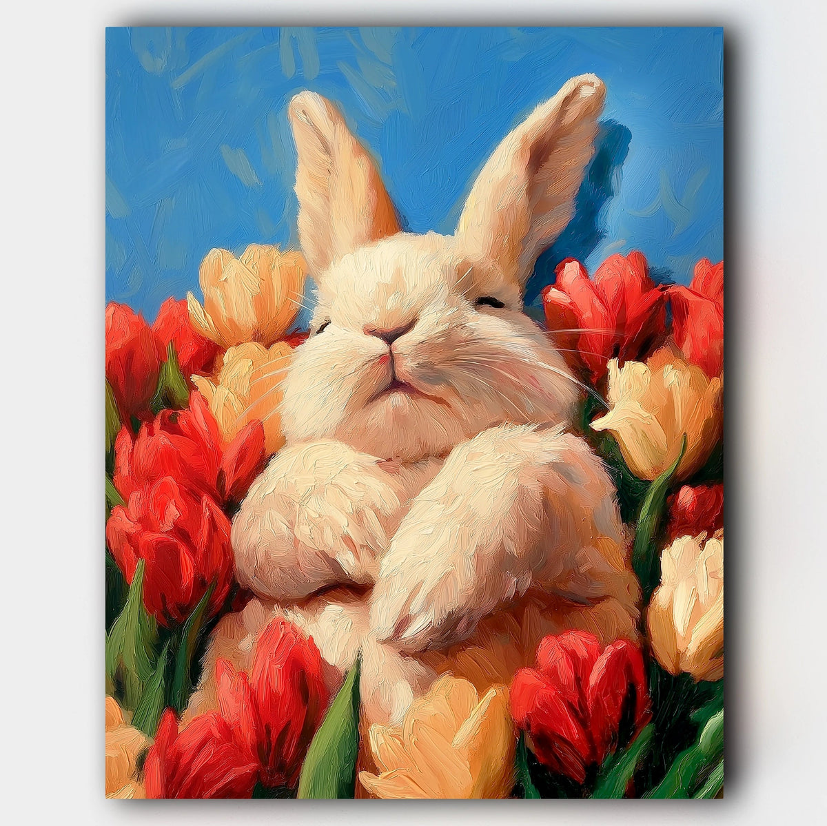 Tulip Haven paint by numbers kit of a fluffy bunny nestled among colorful spring tulips