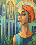 Metropolitan Reverie paint by numbers kit of a whimsical modern saint and urban chapel in vibrant colors