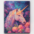 The Enchanted Unicorn paint by numbers kit of a unicorn with a glowing horn, twilight sky and flowers