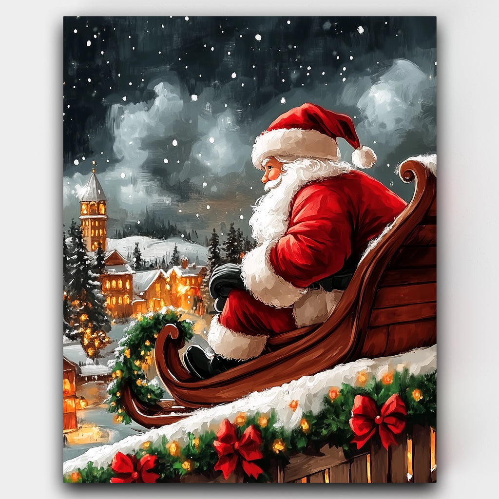 Awaiting the Christmas Magic paint by numbers kit of Santa's sleigh over a snowy village with glowing lights