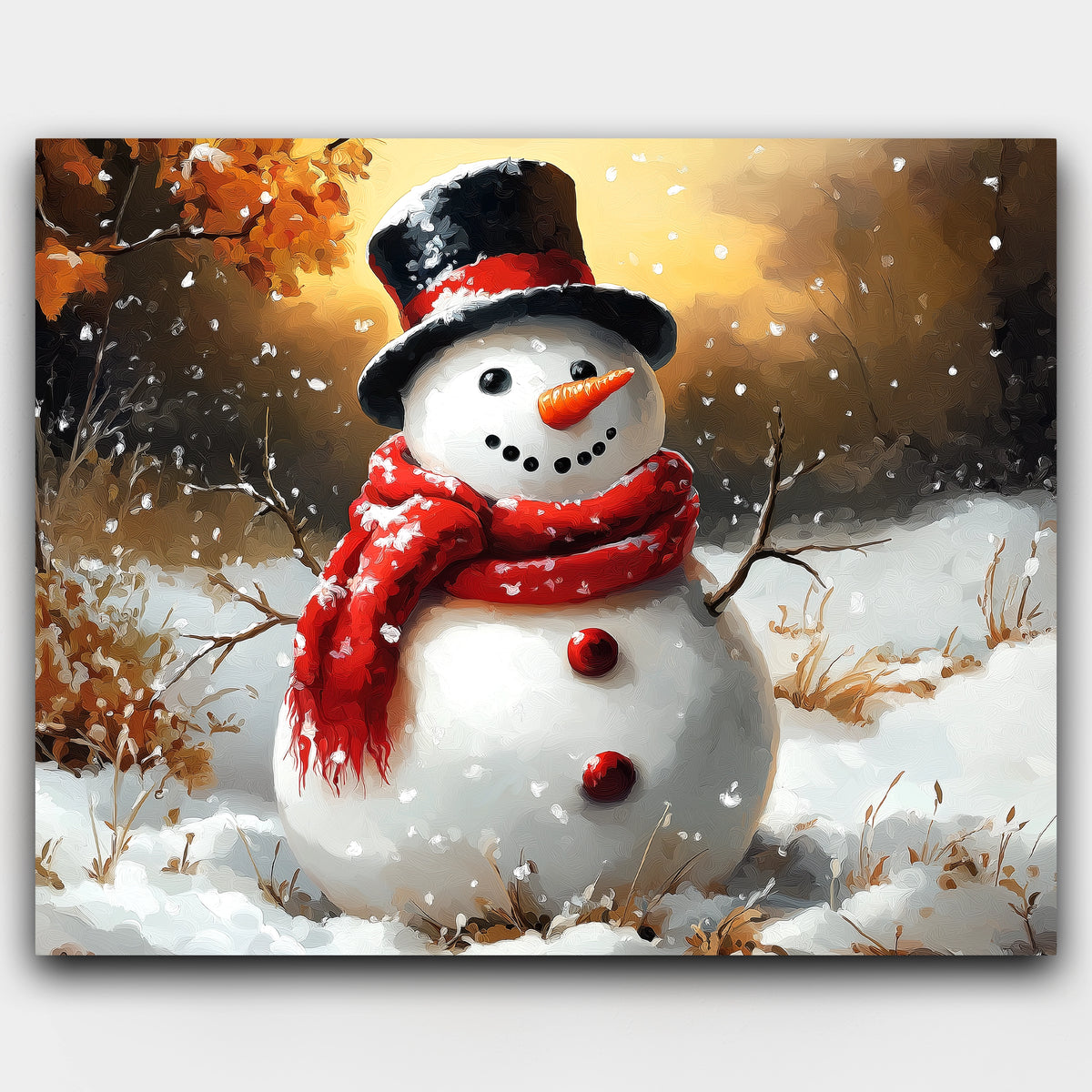 Carrot Nose paint by numbers kit of a cheerful snowman with a red scarf and carrot nose in a snowy field