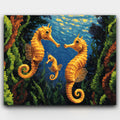 The Seahorse Family paint by numbers kit of seahorses among vivid coral and kelp in a surreal sea