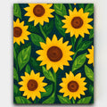 Fields of Sunshine paint by numbers kit of bold sunflowers in a stained glass style with bright leaves