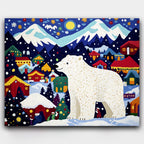 Polar Wonderland Christmas paint by numbers kit of a cheerful polar bear in a festive holiday village