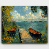 A painted landscape featuring two boats, one docked at a jetty and the other floating on calm waters, with a backdrop of a wide sky and distant trees.