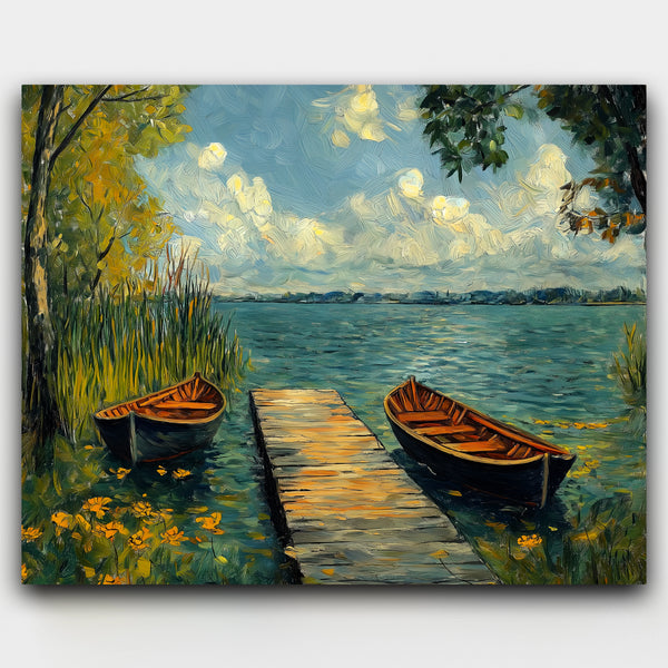 A painted landscape featuring two boats, one docked at a jetty and the other floating on calm waters, with a backdrop of a wide sky and distant trees.