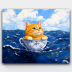 Catastrophic Adventures paint by numbers kit of a calm cat floating in a teacup on the open sea