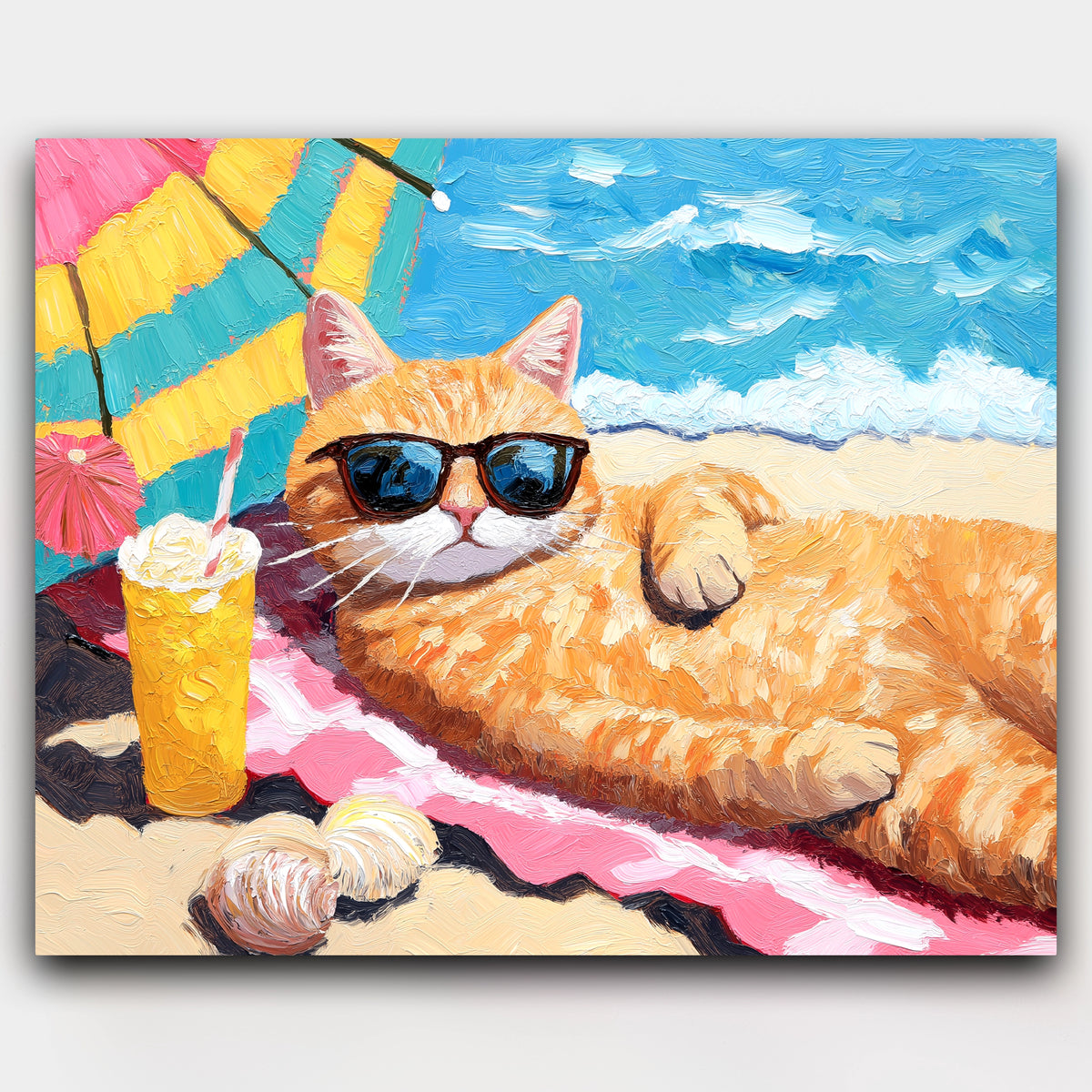 Cat Vibes paint by numbers kit of a cat in sunglasses relaxing on the beach under a colorful umbrella