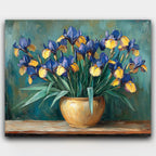 Blooming Irises paint by numbers kit of purple and yellow irises in a golden ceramic pot