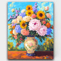 Floral Symphony paint by numbers kit of sunflowers, tulips and peonies in an ornate vase