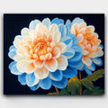 Petals of Harmony paint by numbers kit of soft blue and peach chrysanthemums on a dark backdrop