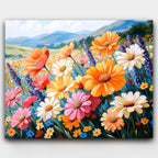 Fields of Joy wildflower paint by numbers kit of daisies, poppies and lavender under a clear sky