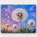 Whispers of the Wind paint by numbers kit of pastel dandelion seeds floating through a sunset sky