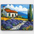 Breeze of Lavender Hills paint by numbers kit of a stone house, lavender fields and calm blue water