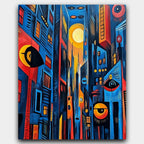 Urban Eyes paint by numbers kit of a surreal city skyline with watching eyes in vivid colors