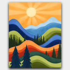 Vibrant Mountain paint by numbers kit of an abstract mountain range, glowing hills and a radiant sun