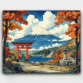 Mount Fuji in Fall paint by numbers kit of the peak above fiery foliage and a lakeside torii gate