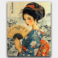 Whispers of Kyoto paint by numbers kit of a geisha in a floral kimono holding a fan with kanji