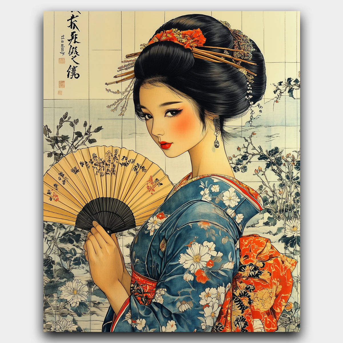 Whispers of Kyoto paint by numbers kit of a geisha in a floral kimono holding a fan with kanji