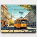 Morning Tramway paint by numbers kit of a yellow Budapest tram on a bright morning street
