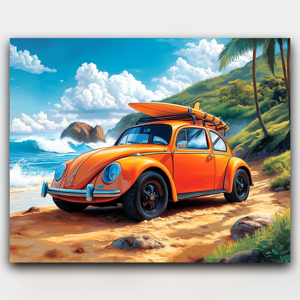 Sun, Surf, and the Bug paint by numbers kit of a yellow Volkswagen Beetle by crashing ocean waves