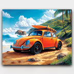 Sun, Surf, and the Bug paint by numbers kit of a yellow Volkswagen Beetle by crashing ocean waves