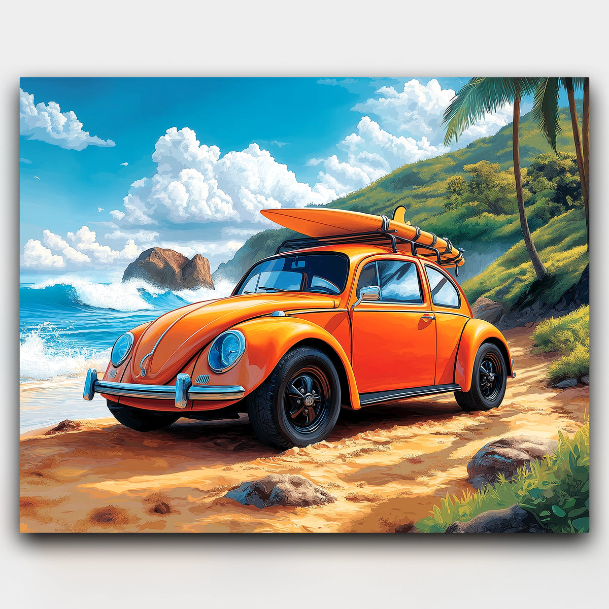 Sun, Surf, and the Bug paint by numbers kit of a yellow Volkswagen Beetle by crashing ocean waves