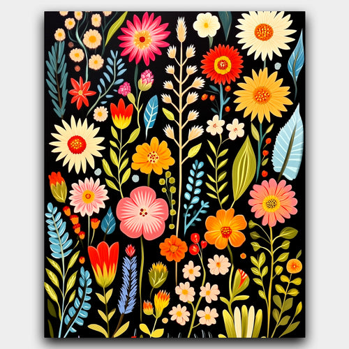 A Burst of Color paint by numbers kit of red, pink and gold tropical blooms on a deep black background