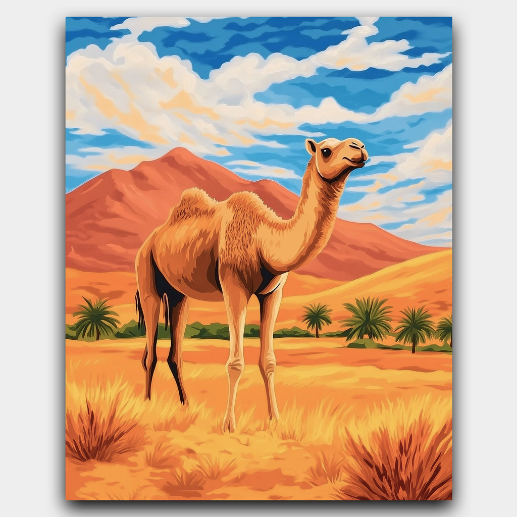 Golden Sands and Camel paint by numbers kit of a proud camel on golden dunes under glowing skies