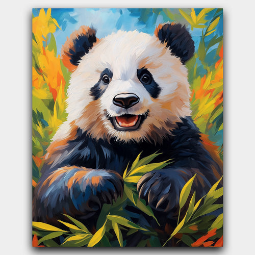 A Panda's Delight paint by numbers kit of a cheerful panda munching bamboo in a sunlit forest