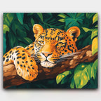 Jungle Spirit paint by numbers kit of a relaxed leopard resting on a branch in dappled jungle light