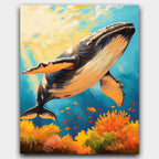 Giant of the Ocean paint by numbers kit of a whale gliding through a colorful sunlit coral reef