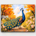 Peacock's Garden Stroll paint by numbers kit of a regal peacock walking through a garden in bloom
