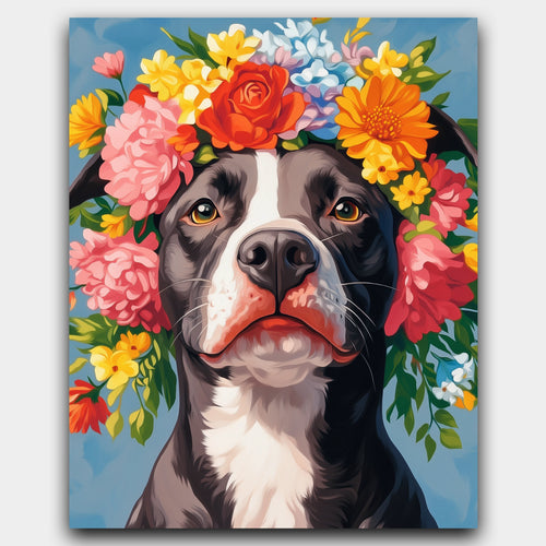 A Pitbull's Crown paint by numbers kit of a proud pitbull wearing a vibrant floral crown