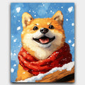 Red Scarf, Happy Heart paint by numbers kit of a smiling Shiba Inu in a red scarf on a snowy mountain path