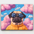 Dreams Above the Clouds paint by numbers kit of a pug wearing aviator goggles among pink clouds