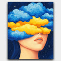 Clouded Thoughts paint by numbers kit of a surreal portrait of a woman with golden and blue clouds over her eyes