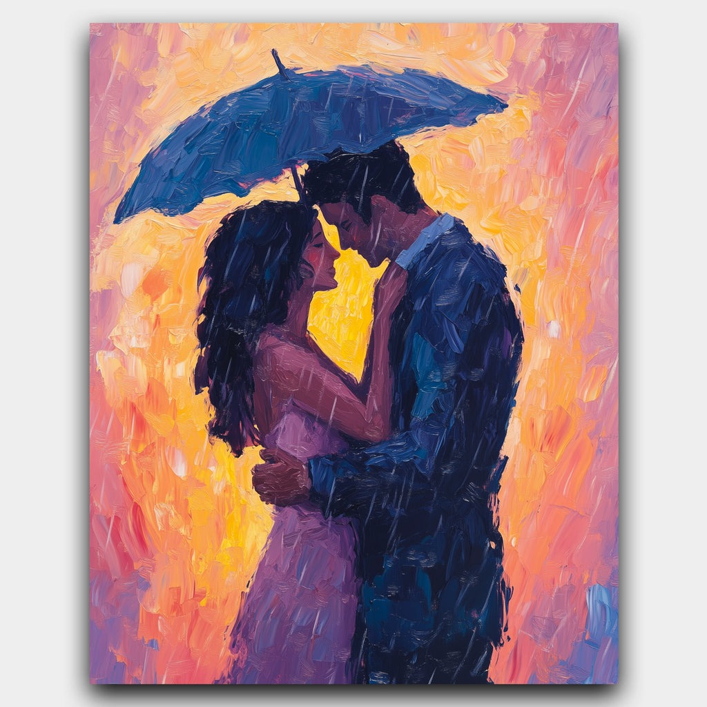 Umbrella of Love paint by numbers kit of two lovers dancing in the rain under an umbrella in warm colors