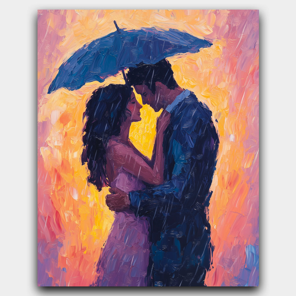 Umbrella of Love paint by numbers kit of two lovers dancing in the rain under an umbrella in warm colors