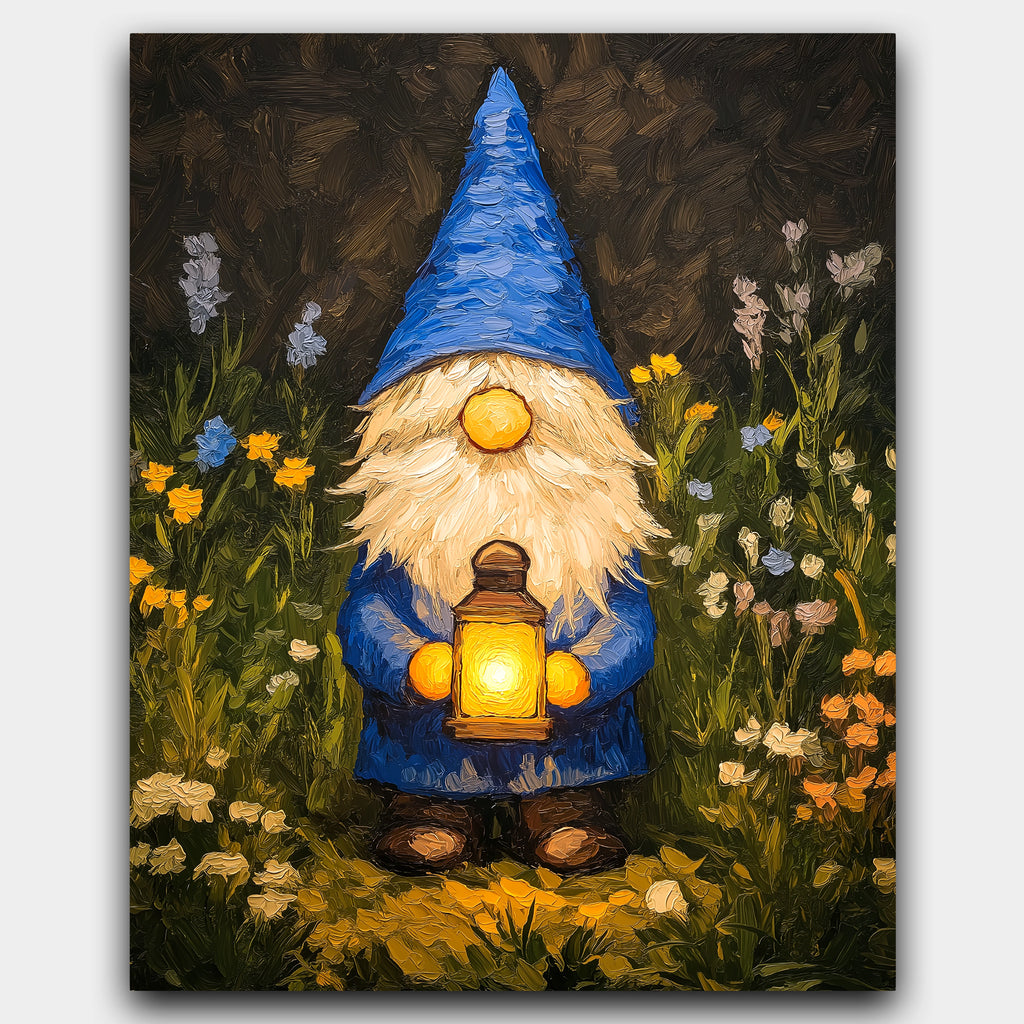 The Lantern Keeper paint by numbers kit of a gnome in a blue hat holding a glowing lantern among flowers