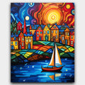 Sailing Through Colors paint by numbers kit of a sailboat, colorful homes and swirling Van Gogh style skies