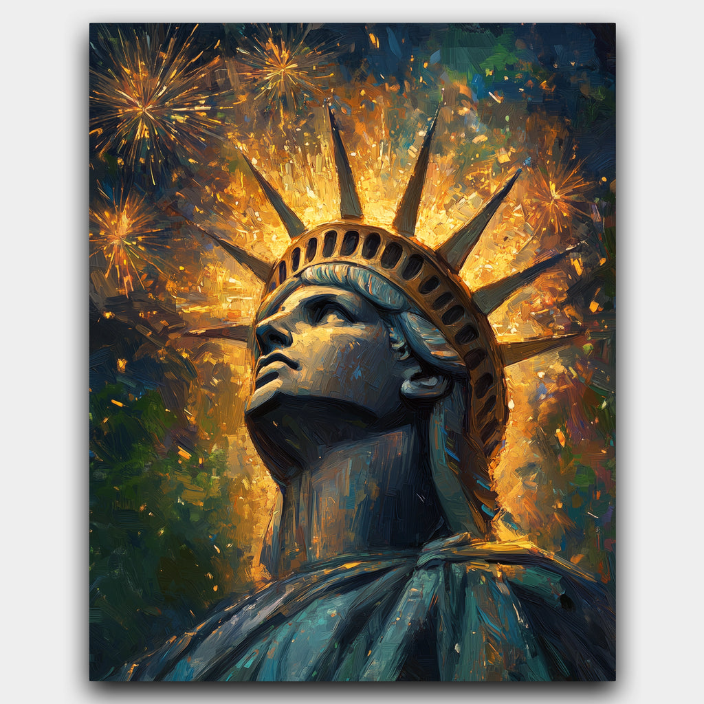 Liberty's Glow paint by numbers kit of the Statue of Liberty lit up by colorful fireworks