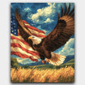 Wings of Freedom paint by numbers kit of a soaring bird above golden fields with an American flag