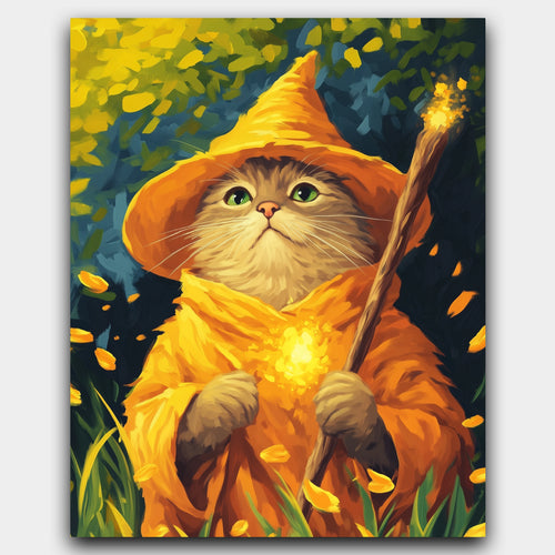 Cat Wizard paint by numbers kit of a Siamese cat in glowing wizard robes holding a sparkling staff