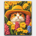 Spring Cat paint by numbers kit of a calico cat in a sunhat peeking out from blooming spring flowers