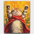 Super Kitty Triumph paint by numbers kit of a tabby cat in a red superhero cape basking in golden light