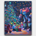 Holiday Surprise Moment paint by numbers kit of a child opening presents by a glowing Christmas tree