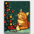 Purrfect Christmas Glow paint by numbers kit of a cat tangled in lights beside a glowing Christmas tree