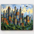 Skyline of Tomorrow paint by numbers kit of a futuristic city with flying vehicles and green rooftops