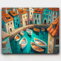 Boats in the Bay paint by numbers kit of colorful boats in a harbor lined with pastel houses